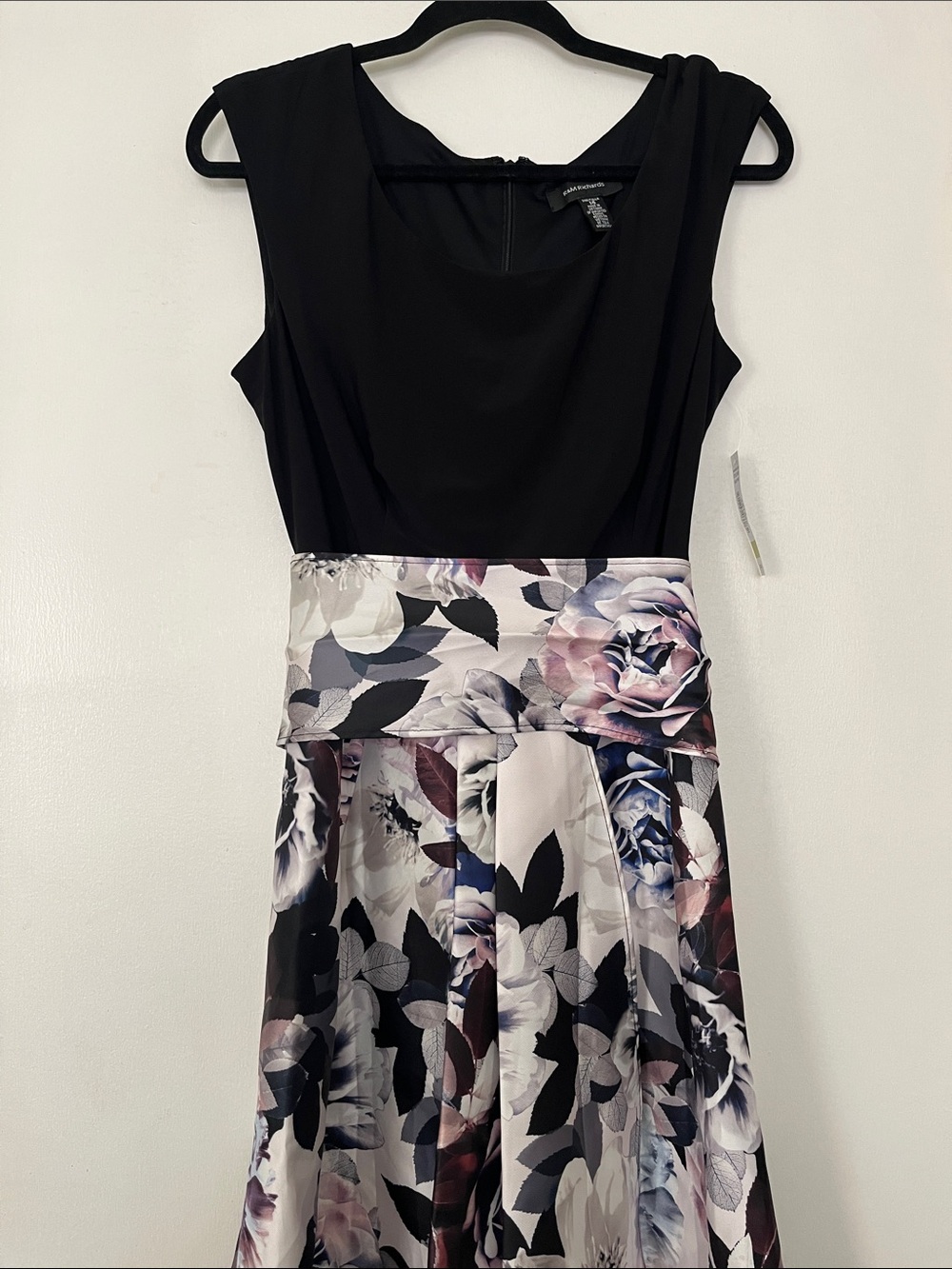 R&M Richards Black Bodice Floral Waist Midi Dress